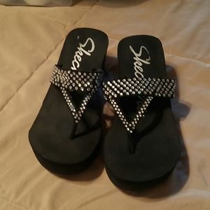 SKECHERS Black with Rhinstone Wedge Sandals